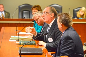 Officials testify on the adverse possession issue. From right, Chris Hackbarth, Ann Arbor City Attorney Stephen Postema and Novi City Attorney Thomas Schultz.