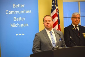 Rochester Hills Mayor Bryan Barnett discusses SB 571 during a press conference Tuesday,