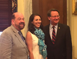 League President and Dearborn Mayor Jack O'Reilly and the League's Summer Minnick meet with U.S. Sen. Gary Peters.